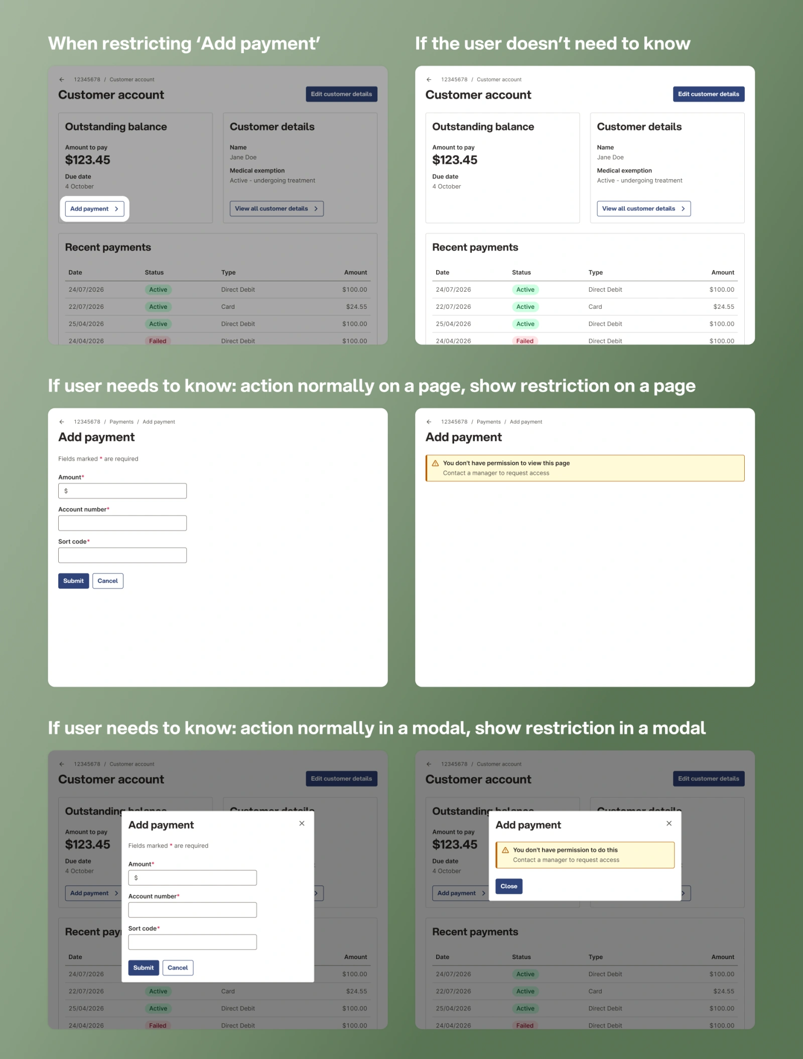 Restricting 'Add payment' three ways: the trigger hidden where the user does not need to know, the restriction shown on the destination page where the action would have navigated, and the restriction shown inside the modal the action would have opened