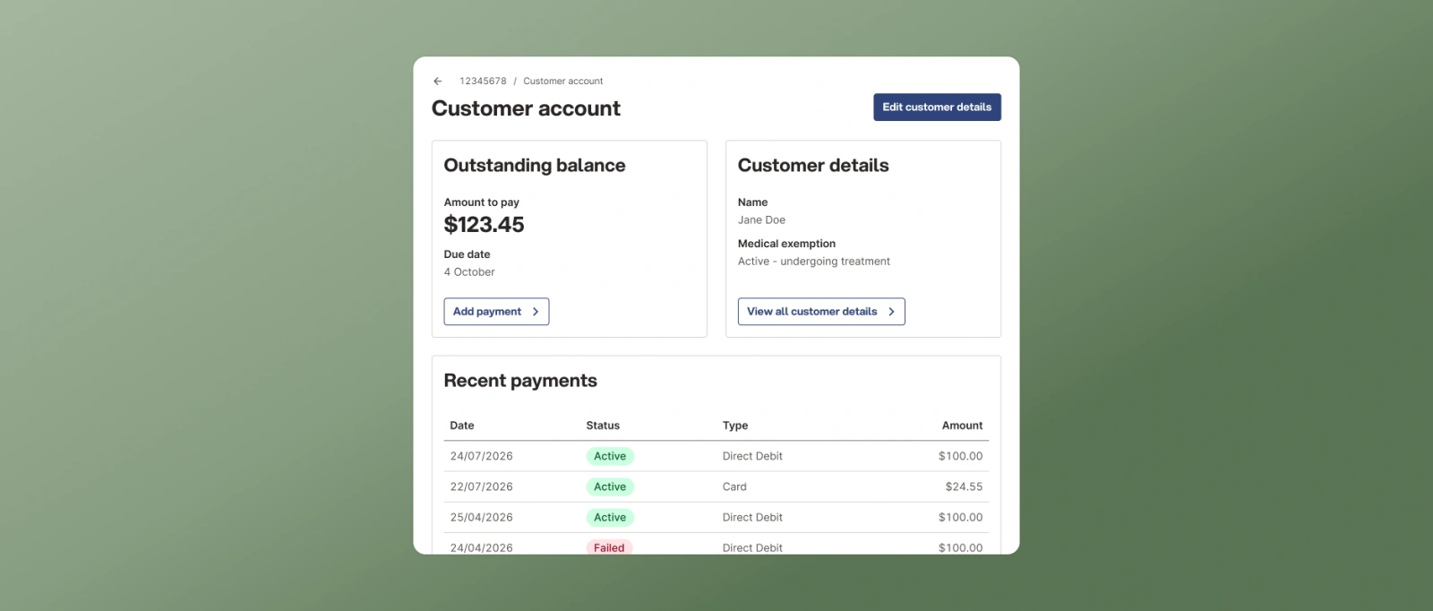 A customer account page with no restrictions applied, used as the reference for the examples that follow