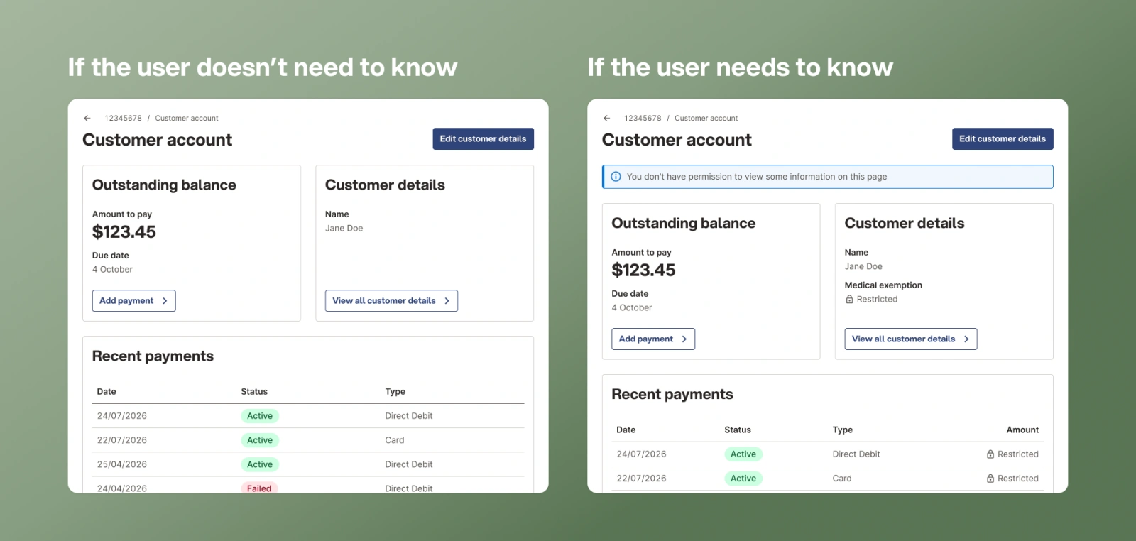 The same page twice: where the user does not need to know, the restricted values and the Amount column are omitted; where they do, each value is replaced with a lock icon and 'Restricted', and one info notification explains the group