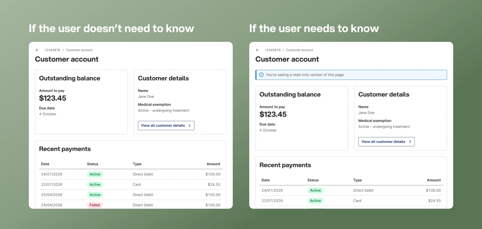 The same page twice: where the user does not need to know, every action trigger is hidden; where they do, the triggers are hidden and an info notification says the page is read-only